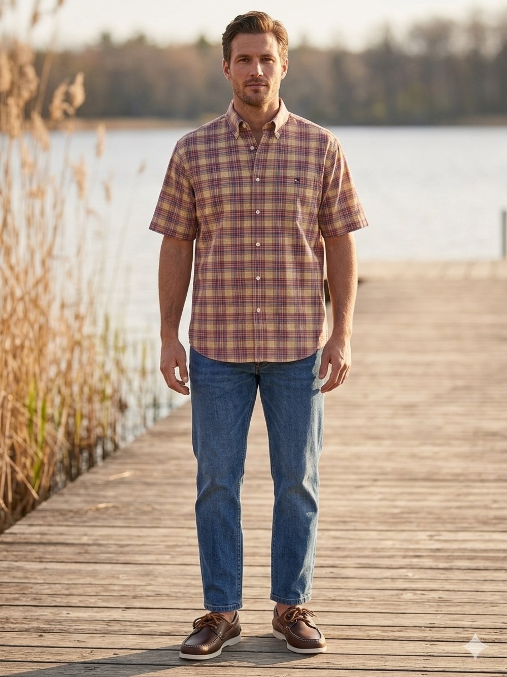 Tommy Hilfiger Rust/Tan/Black Plaid Short Sleeve Shirt - Large